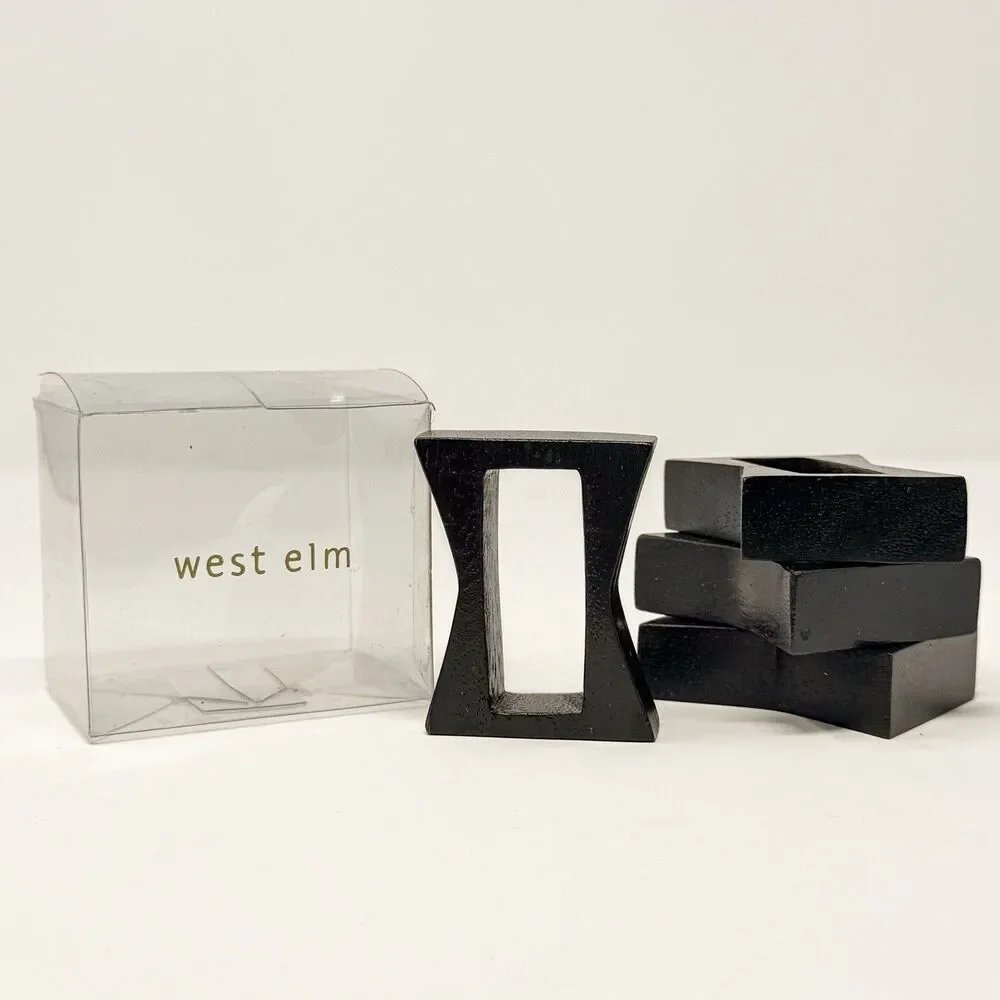 West Elm Dark Wood Napkin Rings Set of 4 Modern Square Table Decor